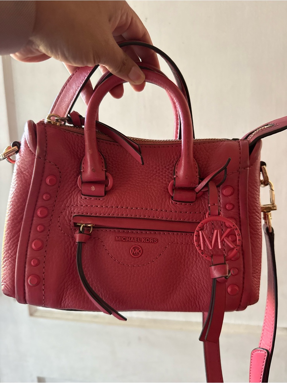 Michael Kors Red Pebbled Leather Satchel Crossbody with MK Charm